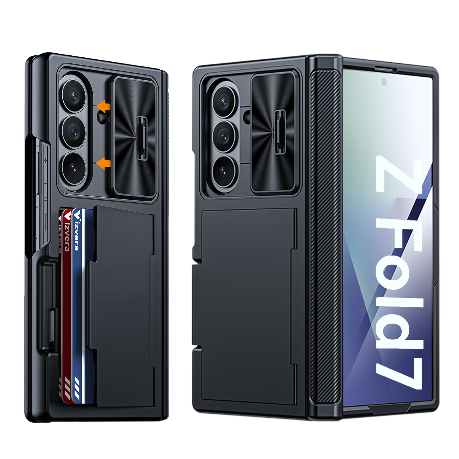 Galaxy Z Fold 7 電話ケース、カードホルダー付きRFIDウォレット、ヒンジカバー、カメラカバー、男性と女性に最適-ブラック