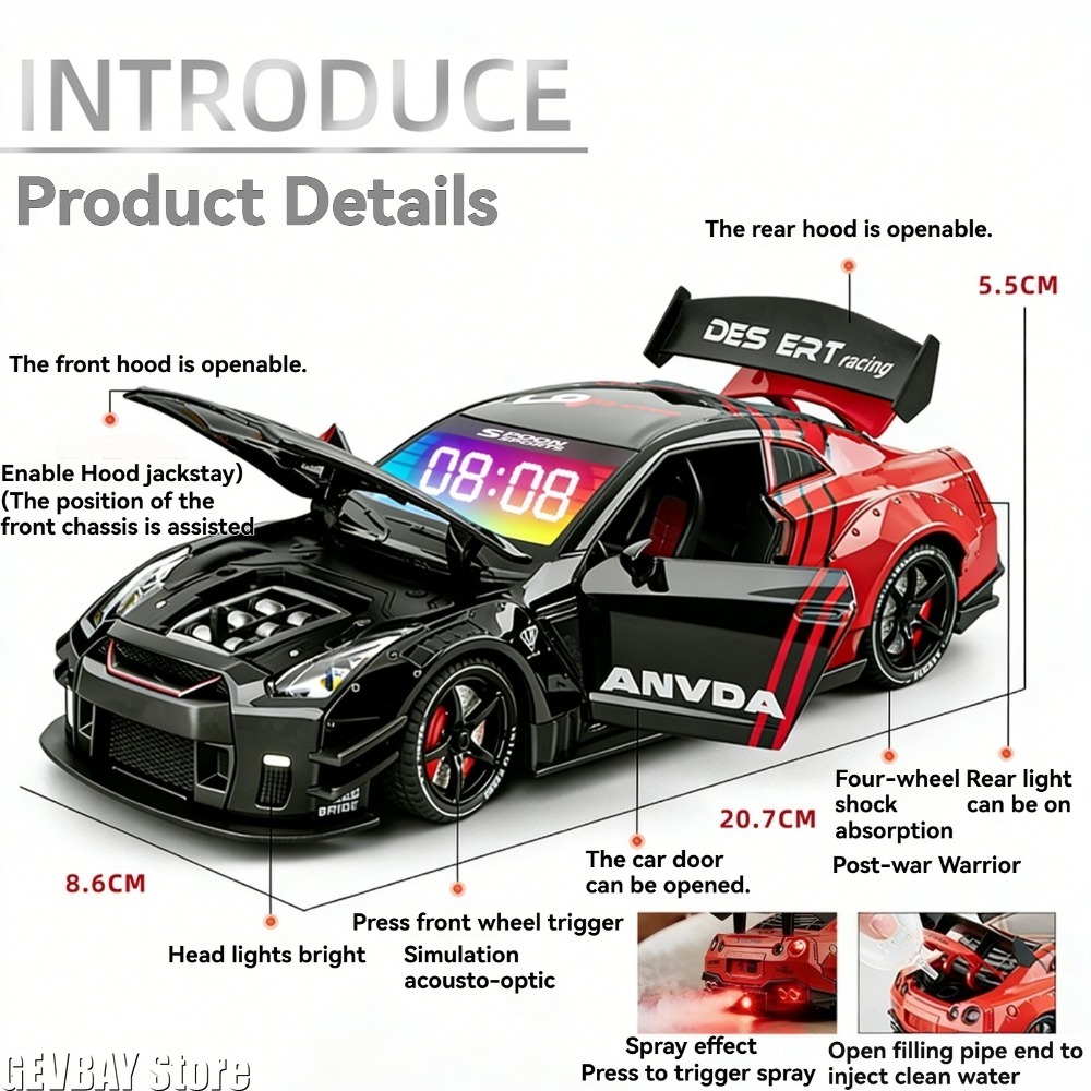 スーパーカーの形状目覚まし時計合金材料スプレー排気ガス機能シミュレーションサウンドドアをオンにすることができますライトをオンにすることができます