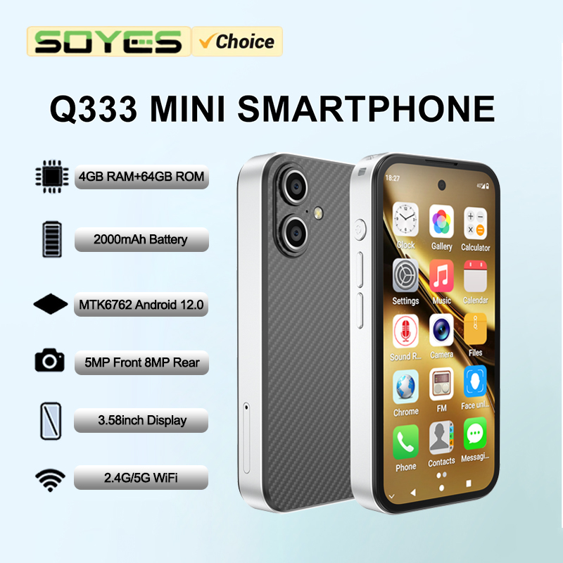 SOYES Q333 ミニスマートフォン 4GB RAM 64GB ROM Android 12.0 MTK6762 8 コア 2000mAh 顔ロック解除 4G LTE デュアル SIM 3.58 インチ小型電話