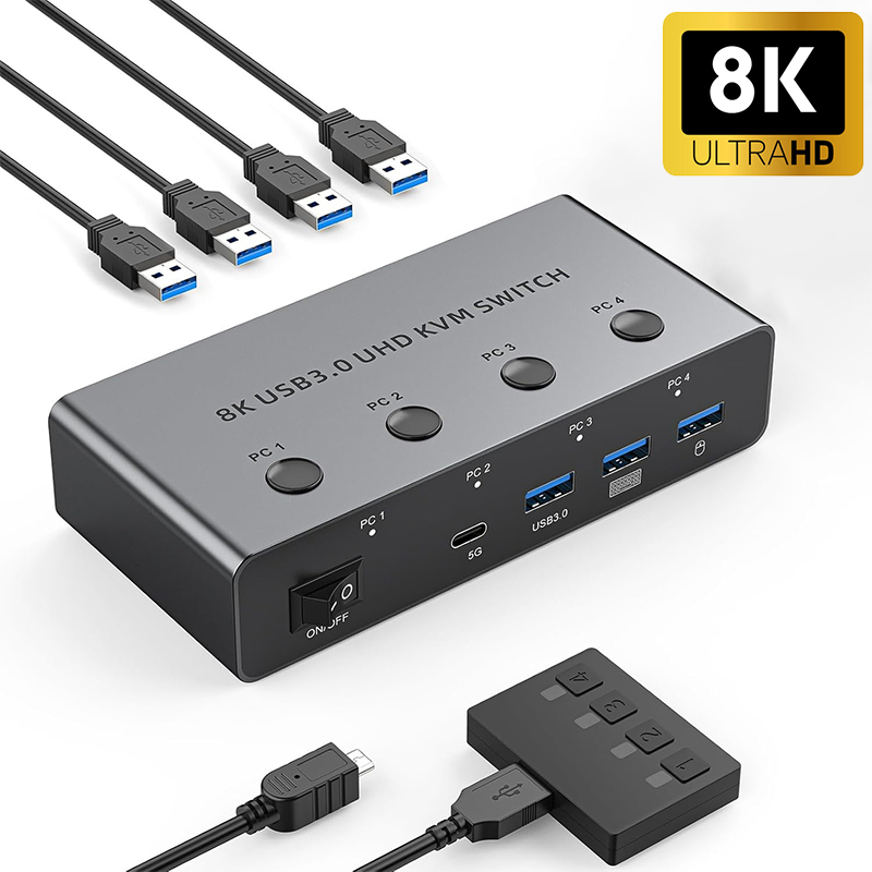 8K@60Hz HDMI KVM スイッチ コンピュータ 4 台 4K@120Hz HDMI 2.1 USB 3.0 KVM スイッチ 4 PC 共有 1 モニタ キーボード マウス ハードドライブ プリンタ
