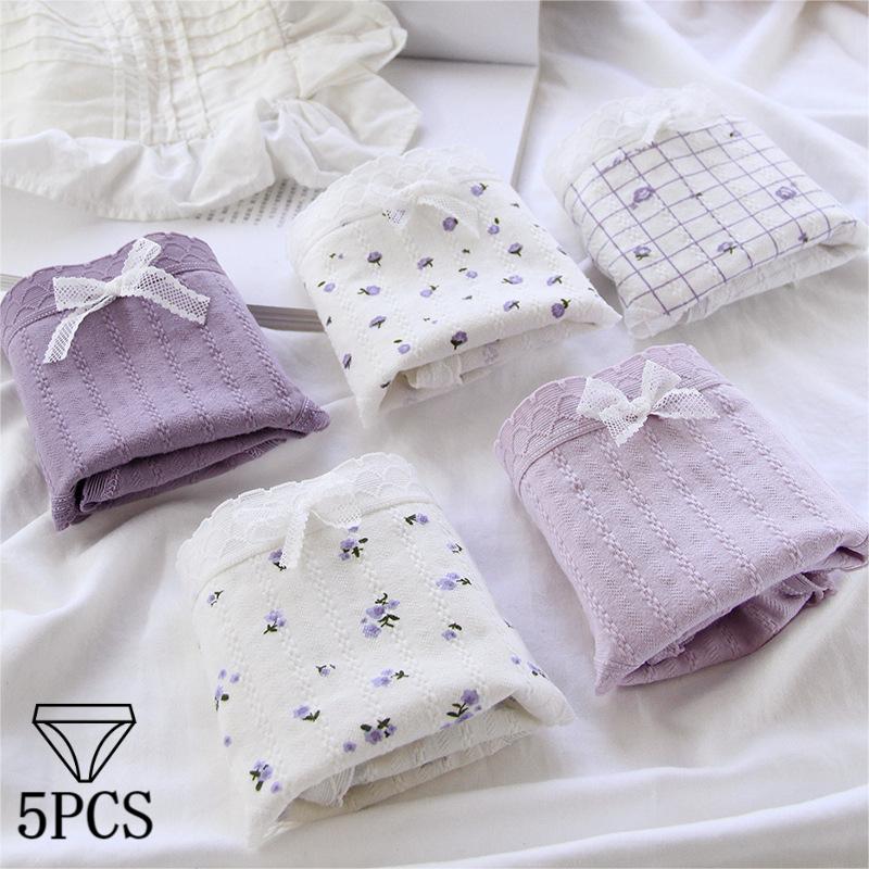 5 ピース/セット綿女性の下着ファッションソフト通気性パンティーミッドウエストセクシーなパンツシームレスなレースの下着ランジェリー