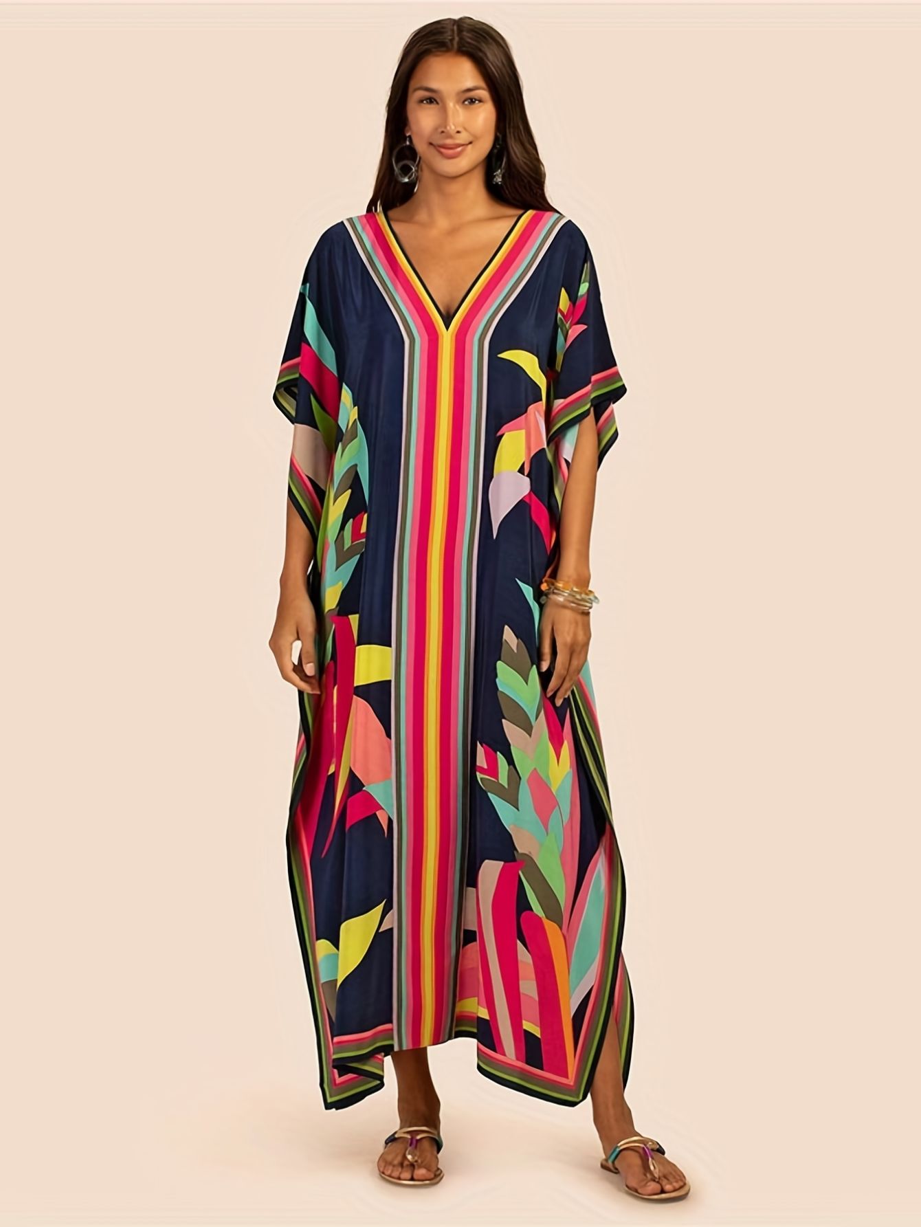 カフタンドレス女性プラスサイズ水着カバーアップ V ネックバットウィングドレスルーズフィットモロッコカフタン Mumu ドレス