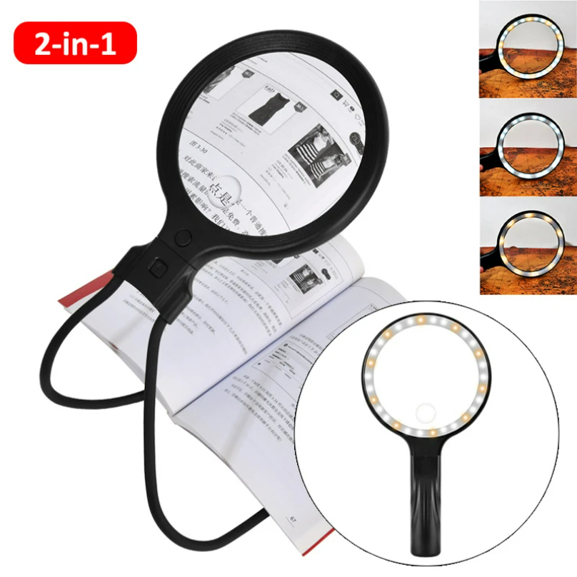 2-in-1 首掛け/手持ち拡大鏡 充電式拡大鏡 30 LED ハンズフリー 読書用 5X 10X 拡大鏡