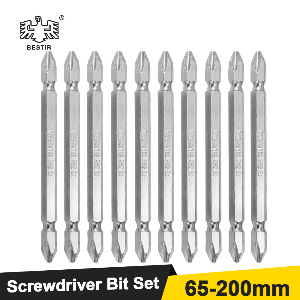 BESTIR 10 個ドライバービットセット 65-200 ミリメートル 1/4 "シャンク S2 合金両端 PH1 PH2 PH3 強力な磁気クロスフィリップスバッチヘッド
