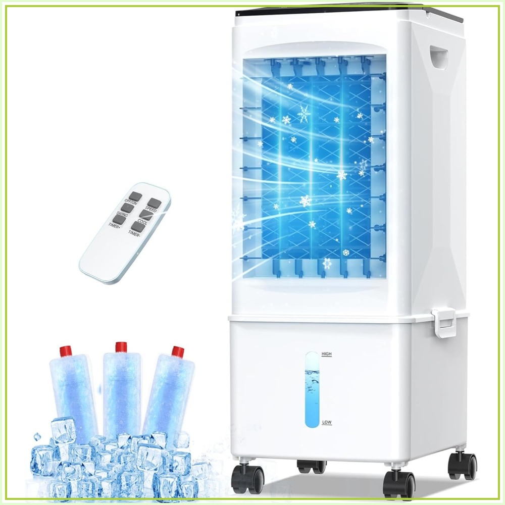 ポータブルエアコン、3-in-1蒸発空気クーラー、9.5Lタンク付き急速冷却、7時間タイマー、リモート、3スピード、静かな寝室オフィス用