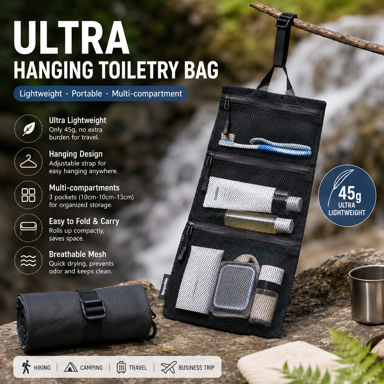 Dyneema 超軽量ハンギング トイレタリー バッグ UHMWPE - 45 グラム、3 コンパートメント防水ウォッシュ オーガナイザー ストレージ バッグ旅行用