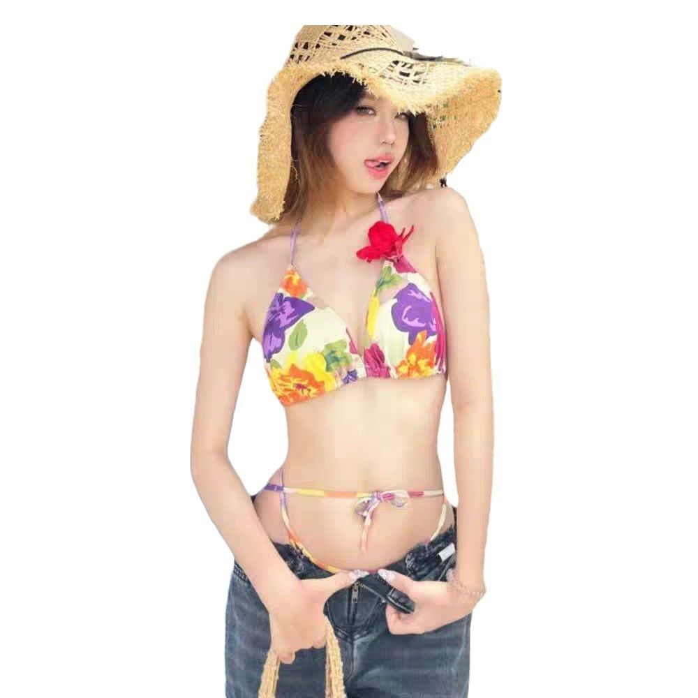 セクシーなヴィンテージ花柄三角ビキニセット女性用ホルターネックサイドサマービーチ水着