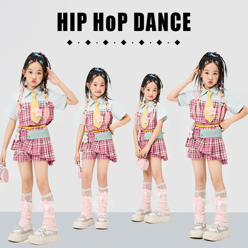 子供ヒップホップストリートチェック柄シャツトップピンクチェック柄スカート子ジャズダンス衣装ガールグループ Kpop ストリートダンスセット