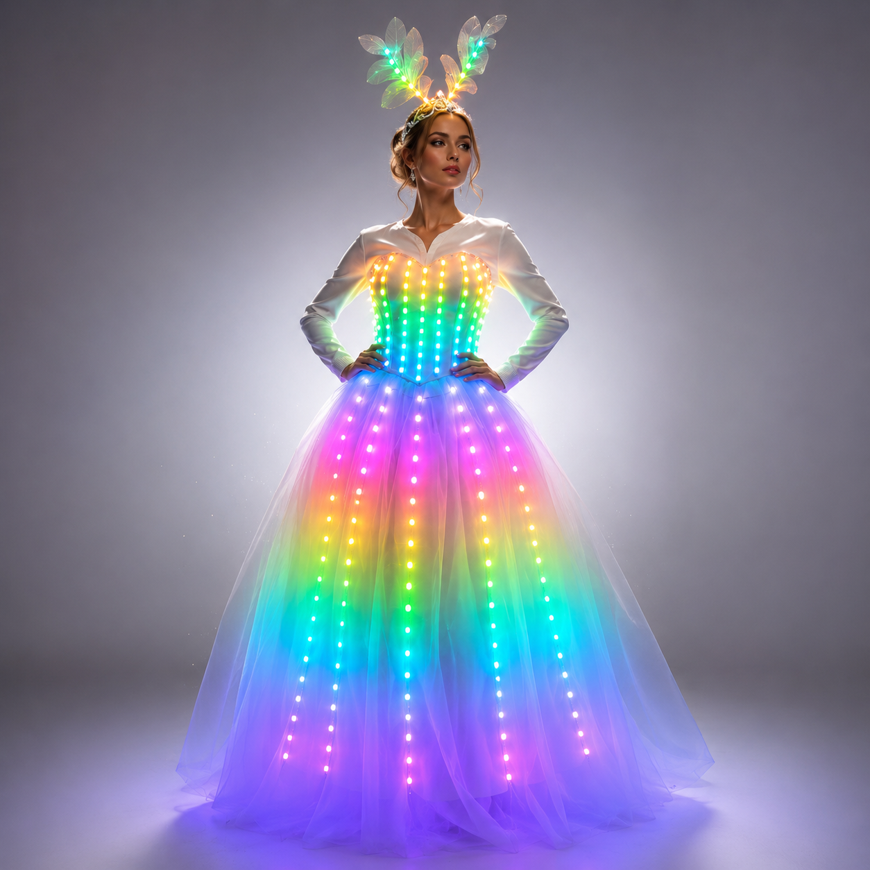 フルカラーピクセル LED スカート羽ボディスーツ夢のような発光ウェディングドレス女性ステージ歌手ダンサー衣装
