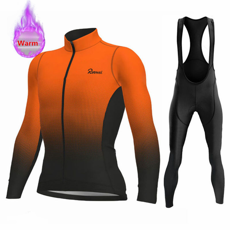 Rvouei 冬長袖サーマルフリースサイクリングジャージセットよだれかけパンツ Ropa Ciclismo 自転車服 MTB バイクジャージ制服