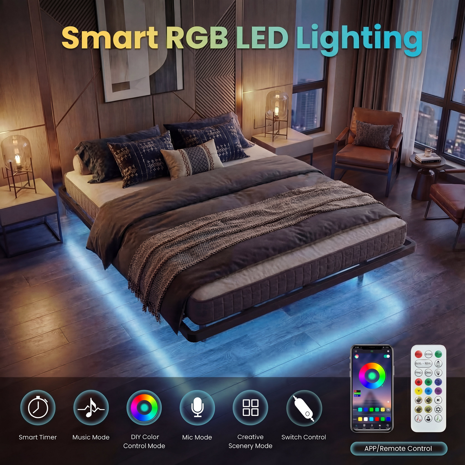 HOOMIC ツイン/フル/クイーン/キングサイズの頑丈なフローティングベッドフレーム、スマート LED ライトと充電ステーション付き、ボックススプリングは不要