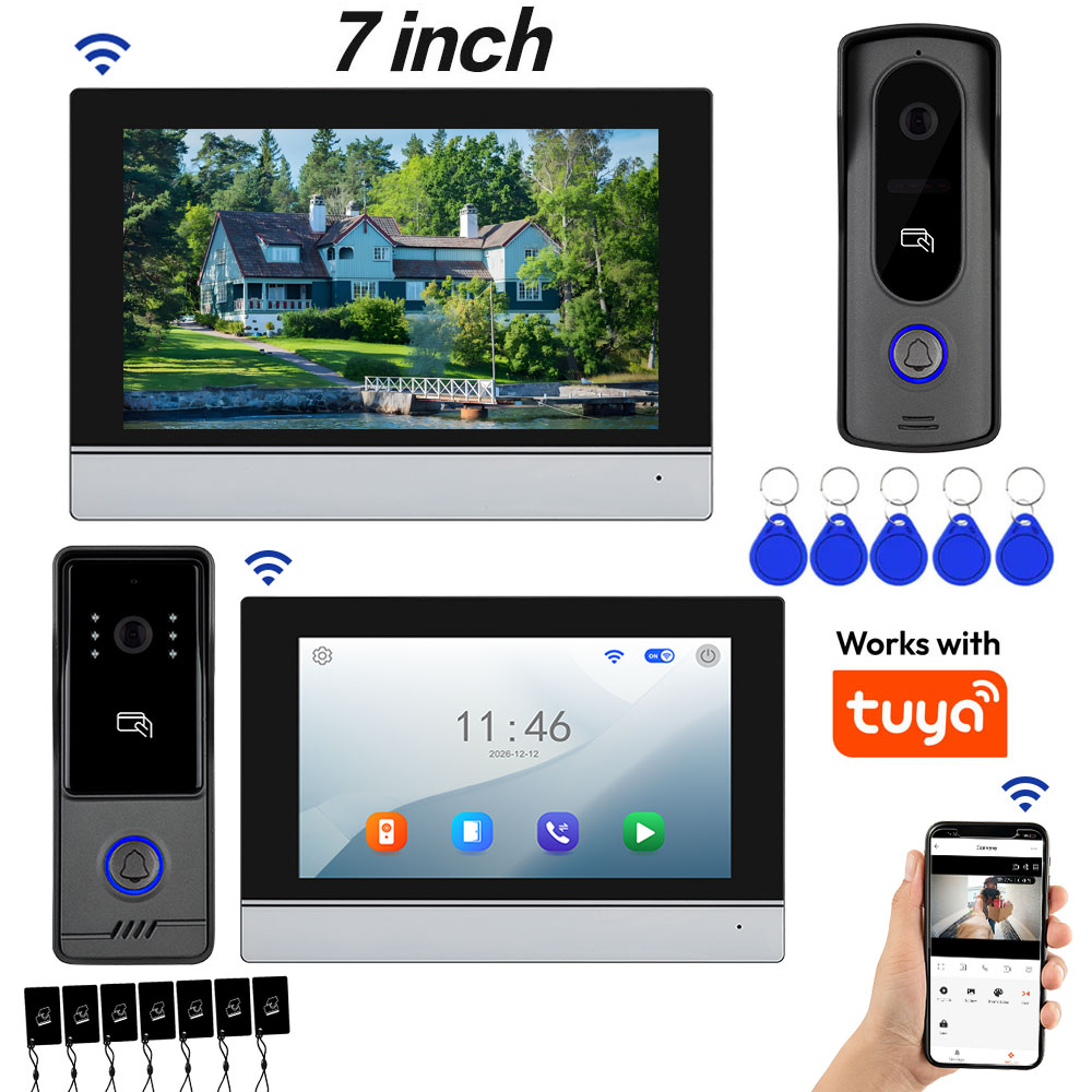 Tuya Wifi 7 インチ 4 ワイヤービデオドアベル HD モニター RFID 金属 IR カメラビジュアルインターホン双方向オーディオアプリロック解除ビデオドアホン