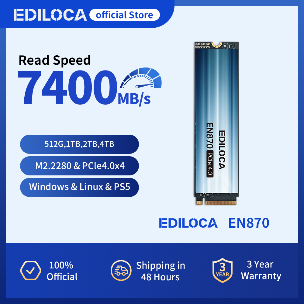 Ediloca EN870 SSD 7400MB/s NVMe M.2 2280 SSD PCIe Gen4.0x4 内蔵ソリッドステートドライブ PS5 ダイナミック SLC キャッシュ ゲーム PC ラップトップ用