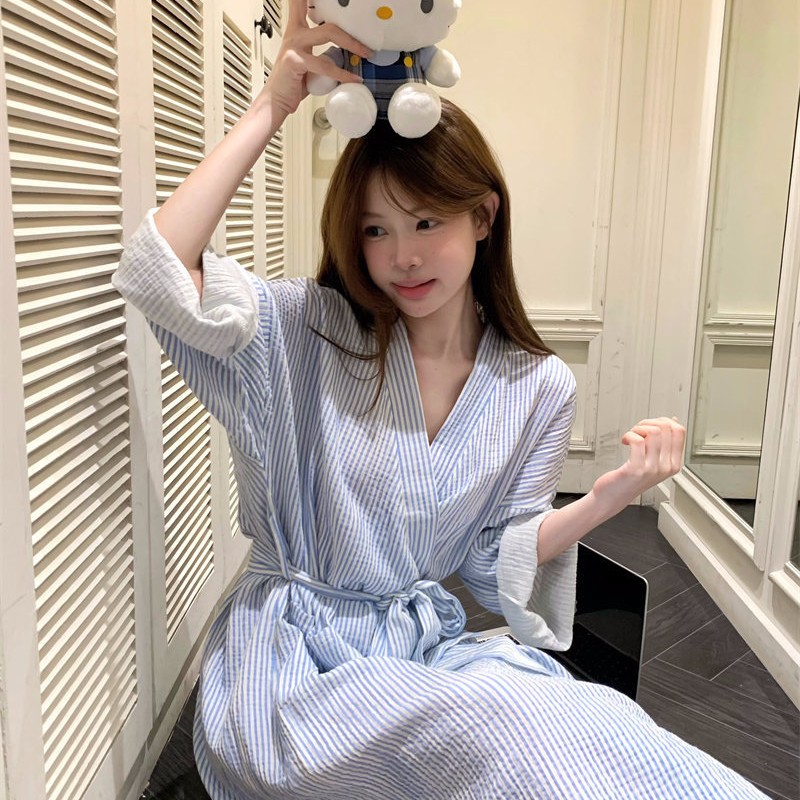 ブルーストライプナイトガウン、レディース春夏長袖ゆったりシンプルカジュアルモーニングガウン、ホームウェア、ナイトガウン