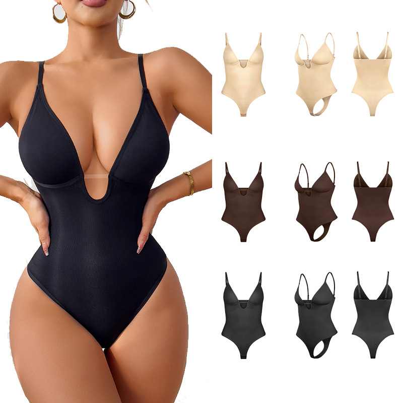女性のディープ V ネックボディコンシェイプウェアオープンクロッチ Tバックボディスーツおなかコントロールウエストニッパー