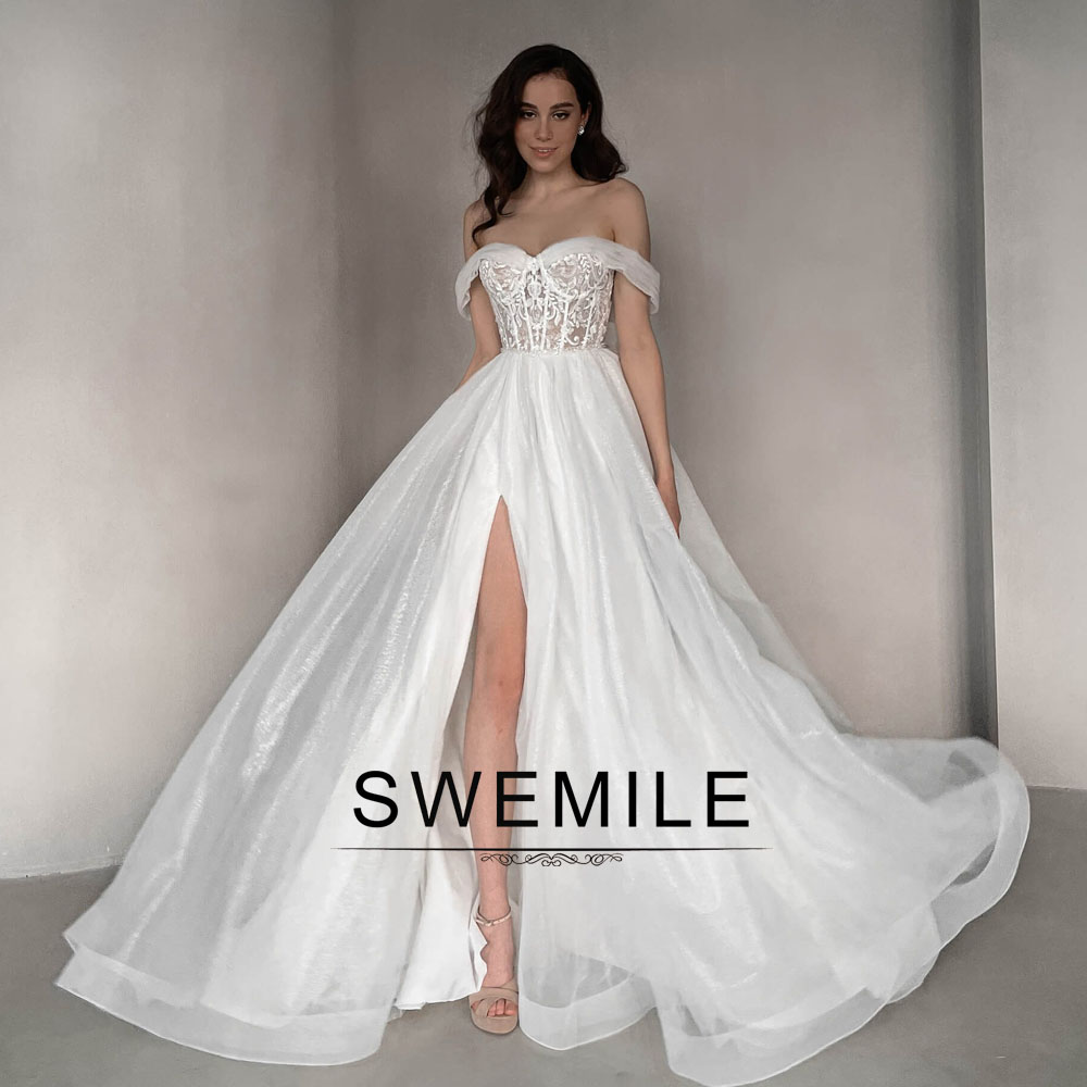 SWEMILE ファッションスリットウェディングドレス花嫁のためのオフショルダーアップリケボタン A ライン Vestidos デノビアプラスサイズカスタマイズ