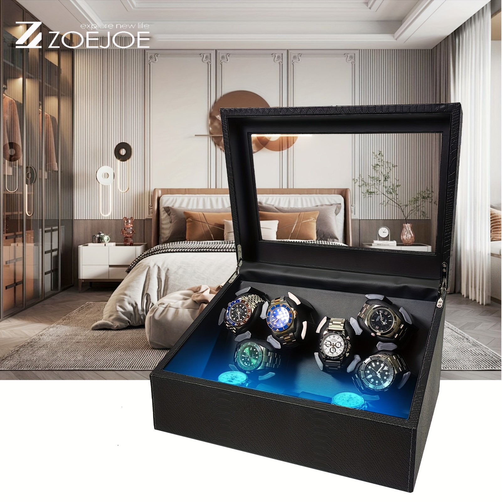 ZOEJOE 6 0 ウォッチワインダー、スネークスキンテクスチャ、LEDライト、USB電源、静かなモーター、自動機械式時計用のクリアディスプレイボックス