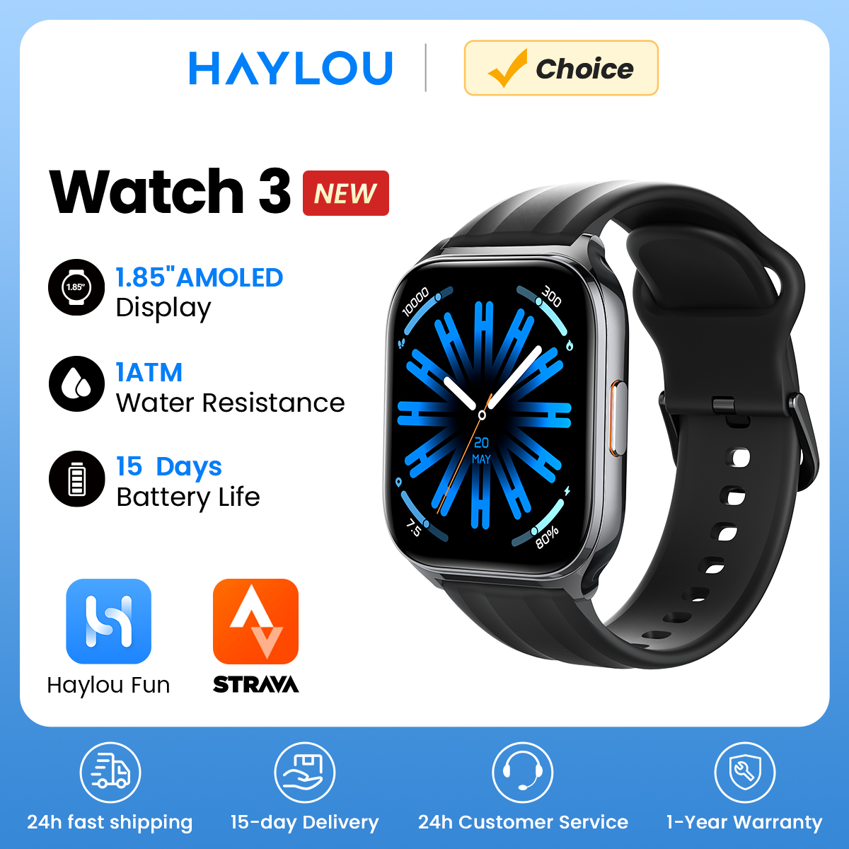 HAYLOU ウォッチ 3 音声通話スマートウォッチ 1.85 インチ AMOLED スクリーン 24 時間健康監視 150 スポーツモードスマートウォッチ 1ATM 防水