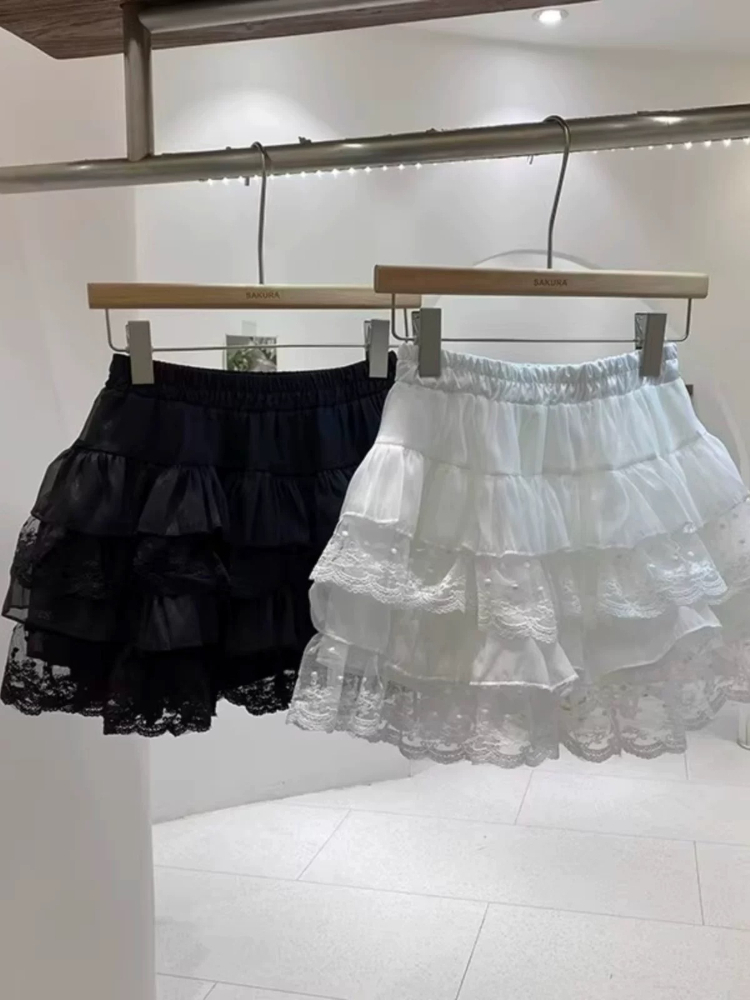 Y2K ゴシック黒層状メッシュレースケーキスカート女性弾性ハイウエストティアードフリルミニスカート A ラインロリータ日常着