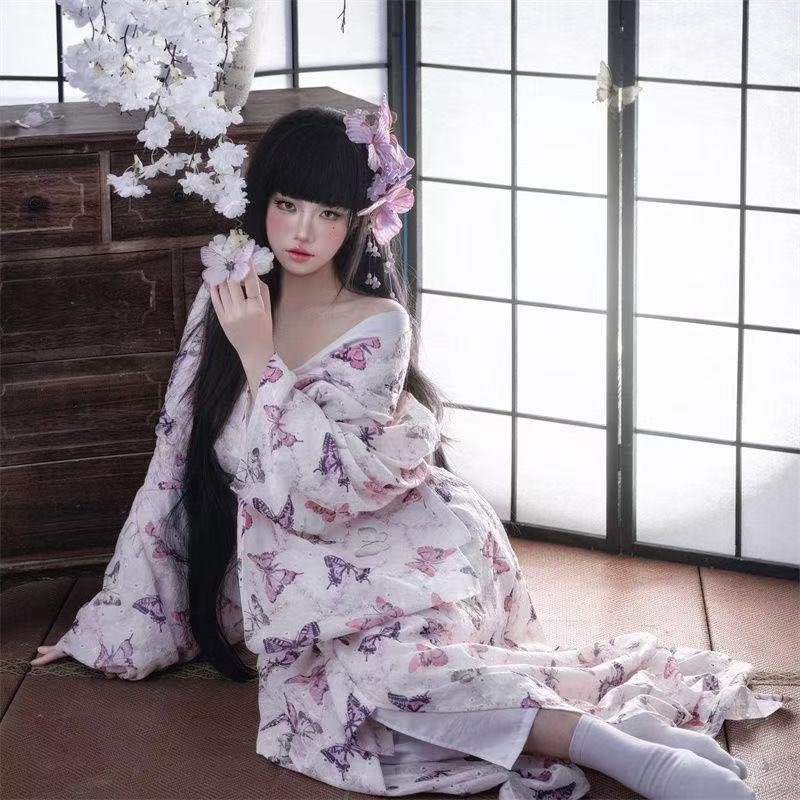 かわいい蝶プリント着物レディース伝統的な和風ドレス春夏カーニバルイベント写真ロングローブ女性
