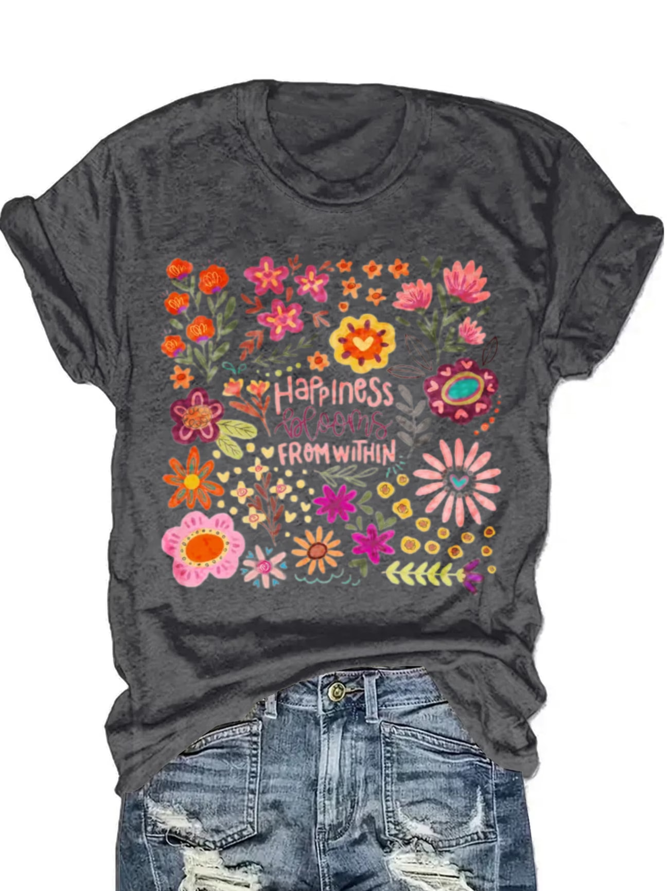 プラスサイズの女性の半袖 Tシャツ花幸福パターンデザインプリント通気性生地夏の服装婦人服