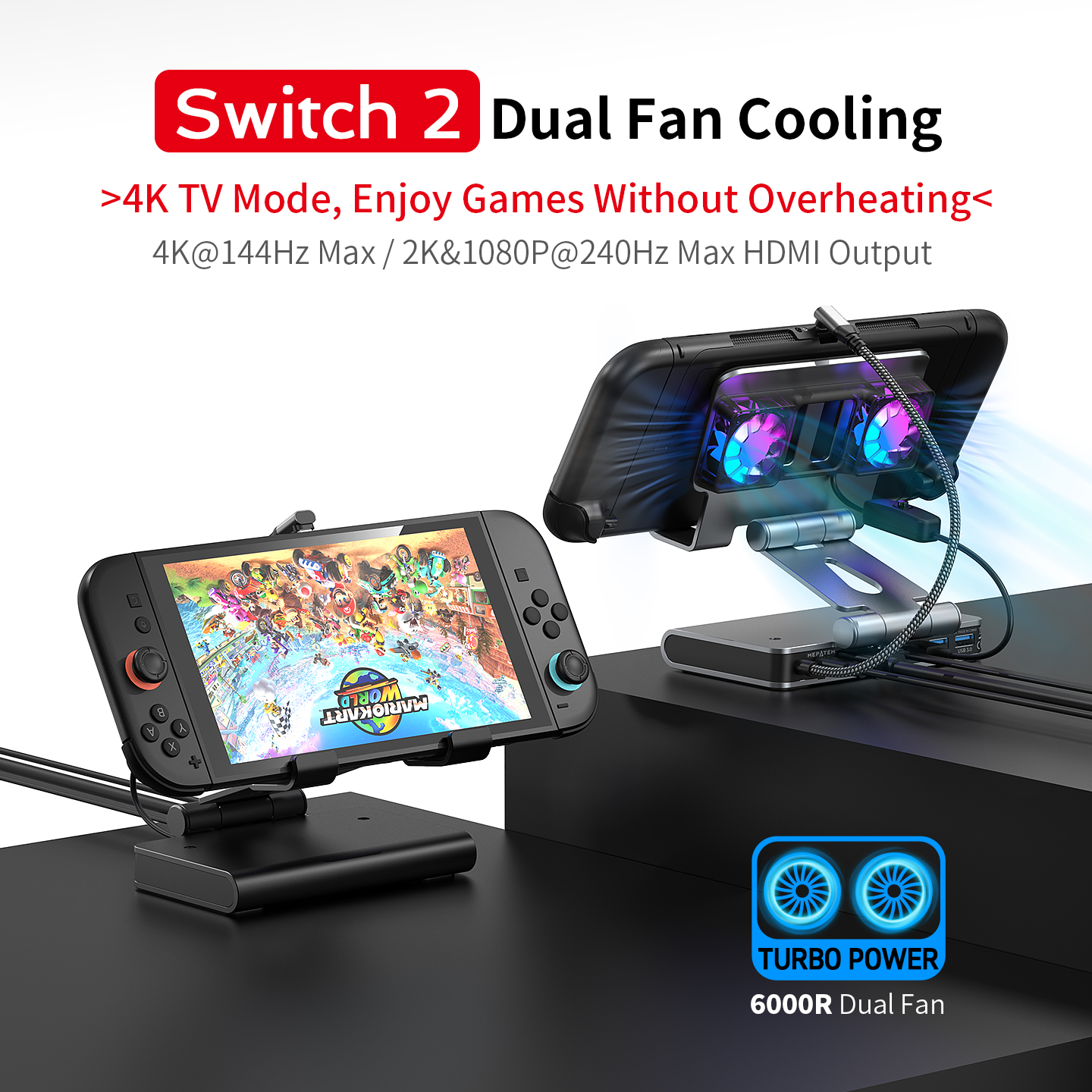 Switch 2 ドック 6-in-1 調節可能なスタンド付き Switch2 ドッキングステーション デュアルファン冷却ドッキング 4K@60Hz HDMI、1000Mbps イーサネット付き