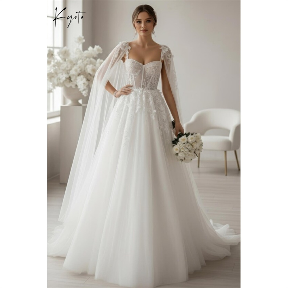 京都カスタマイズされた白いスパゲッティストラップのウェディングドレスノースリーブバックレースアップvestidos de noiva Aラインコートトレインイブニングドレス
