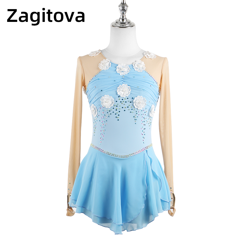 ZAGITOVA フィギュアスケートパフォーマンスドレス女性ガールズアイススケートスカート素敵なプリンセスシャイニングダイヤモンドメッシュスカートウォーターブルー