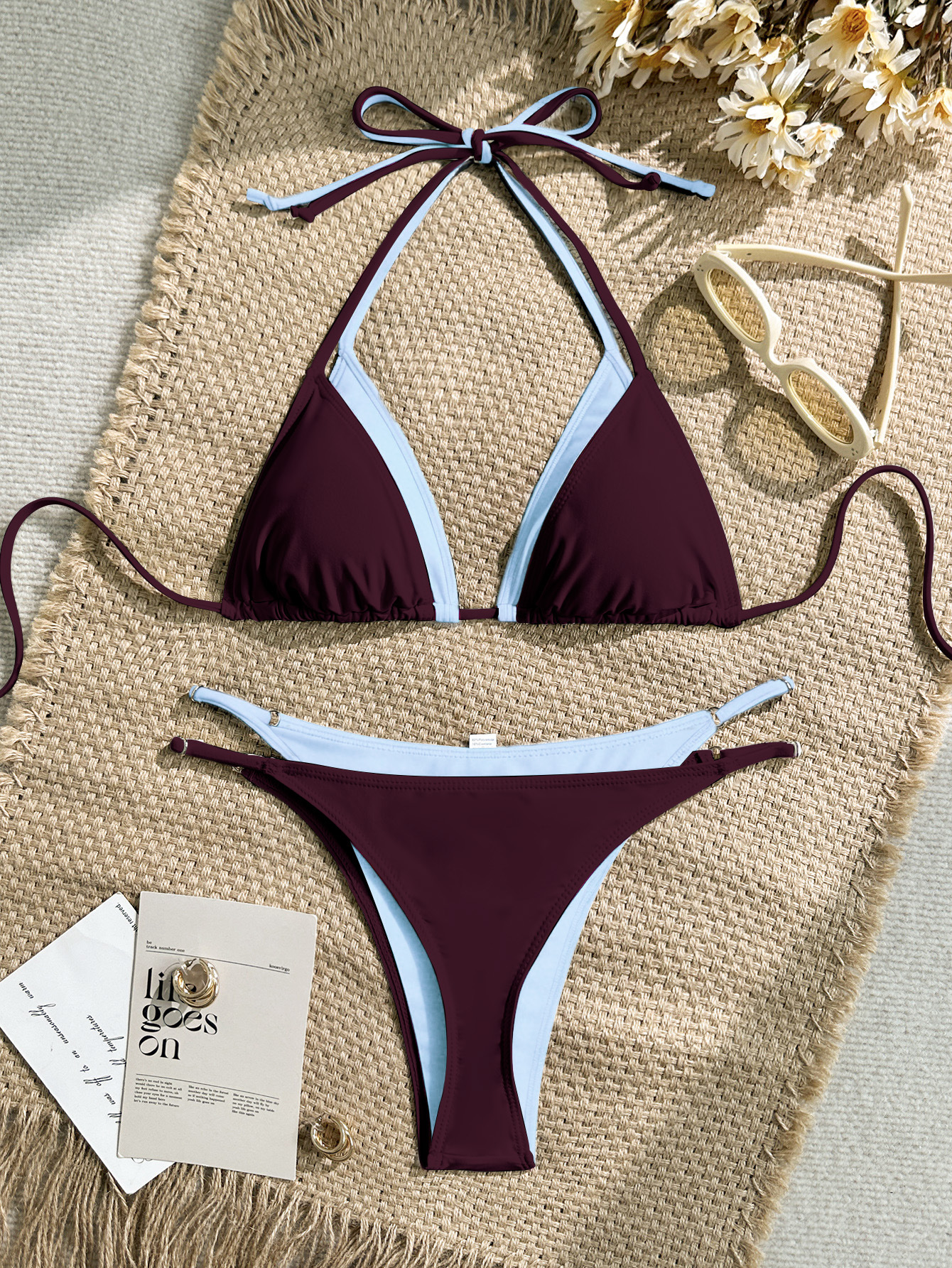 2 Piece Contrast Color Bikinis Set Women Inner Lining Double Edge Trim Adjustable Halter String Triangle High Cut Swimwear