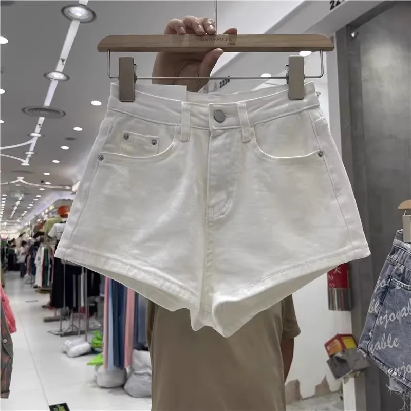 ホワイトハイウエストストレートレッグデニムショーツ女性の夏痩身 A ラインホットパンツショート丈カジュアルファッションショーツ