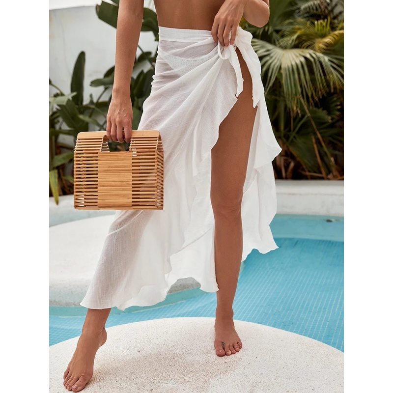 Women's Mesh Sheer Swimsuit Cover Up Ruffle Tie Side Beach Sarong Wrap Long Skirt Women Summer Trendy Beachwear Bikini Cover Up