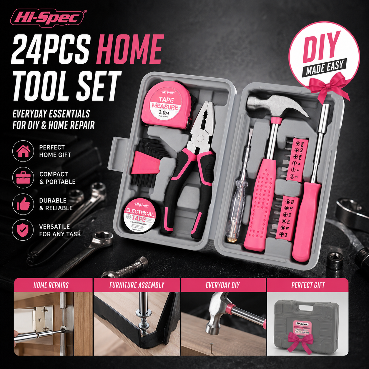 ハイスペック 18 19 20 24 39 個ピンク DIY ツールキット電動ペン CR-V 鋼ハンドツールセット家庭用修理自動車修理女性家庭用