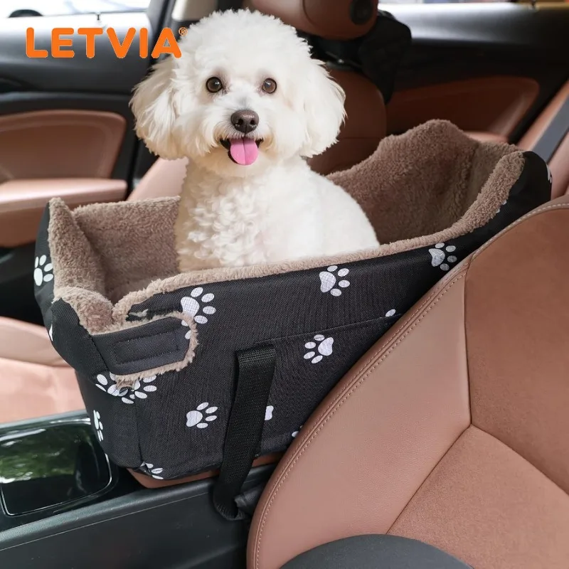 LETVIA ペットカーキャリア センターコンソール 犬用カーシート 小型犬猫用ポータブルペット安全シート 足跡デザイン付きペットベッド