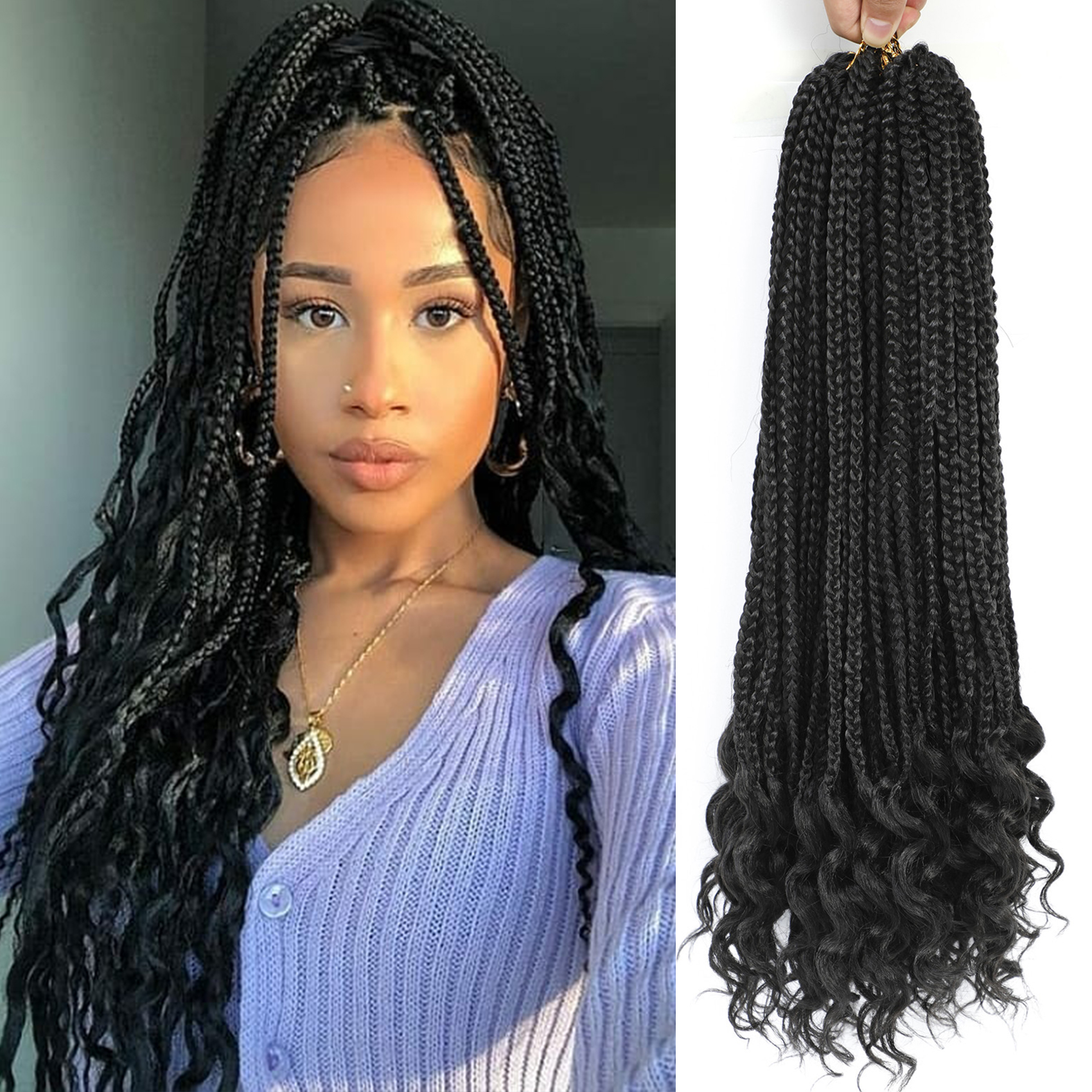 6 パック事前ループかぎ針編みボックス三つ編みヘアとカーリーエンド 18 24 30 インチ女神ボックス三つ編み人工毛エクステンション女性のための