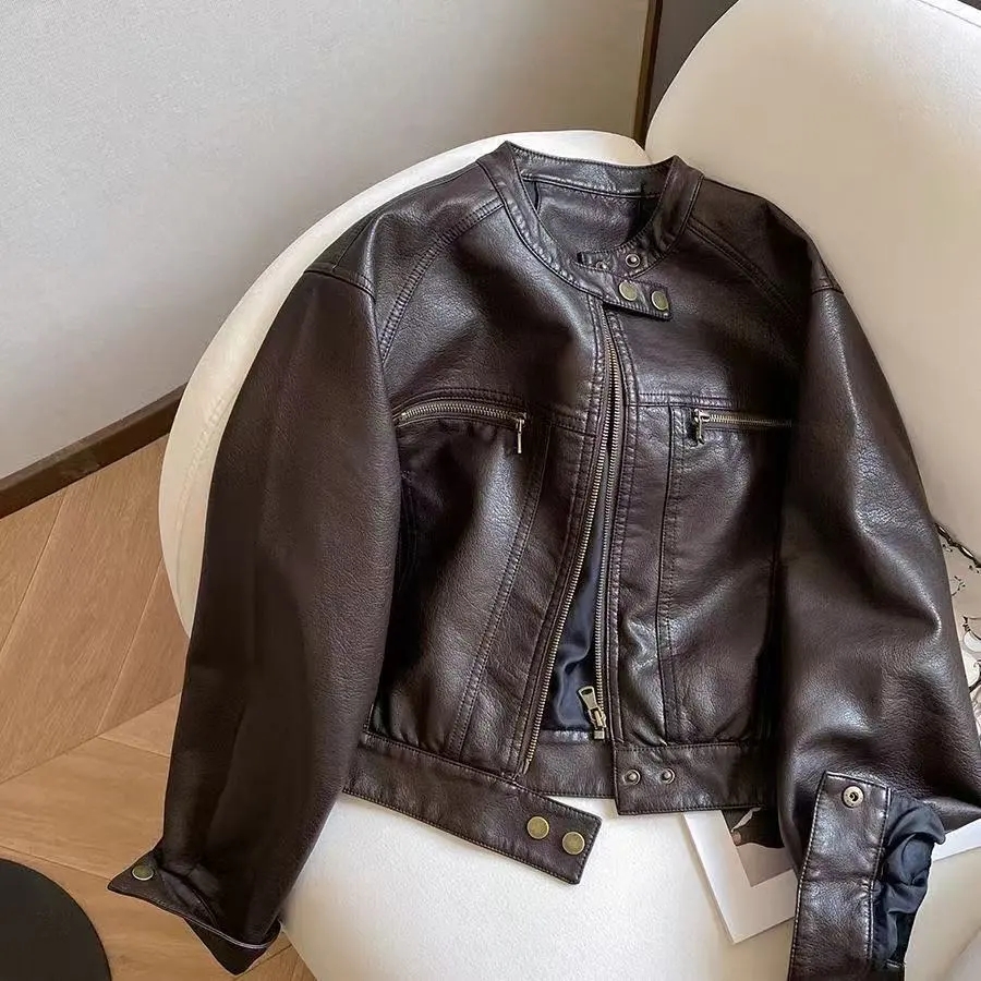 女性服ショート Pu レザージャケット 2026 女性のコート春と秋の新しい小さなデザインスタンドカラージャケット潮