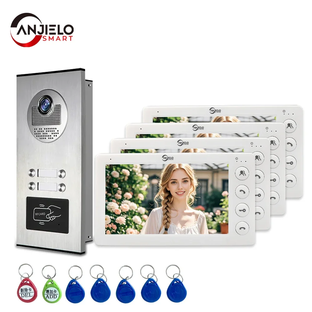 ANZIELO 7 インチ 4 ケーブルビデオドア電話システム 2/3/4 ユニットマルチアパートインターホンビデオドアベル RFID カードロック解除付き