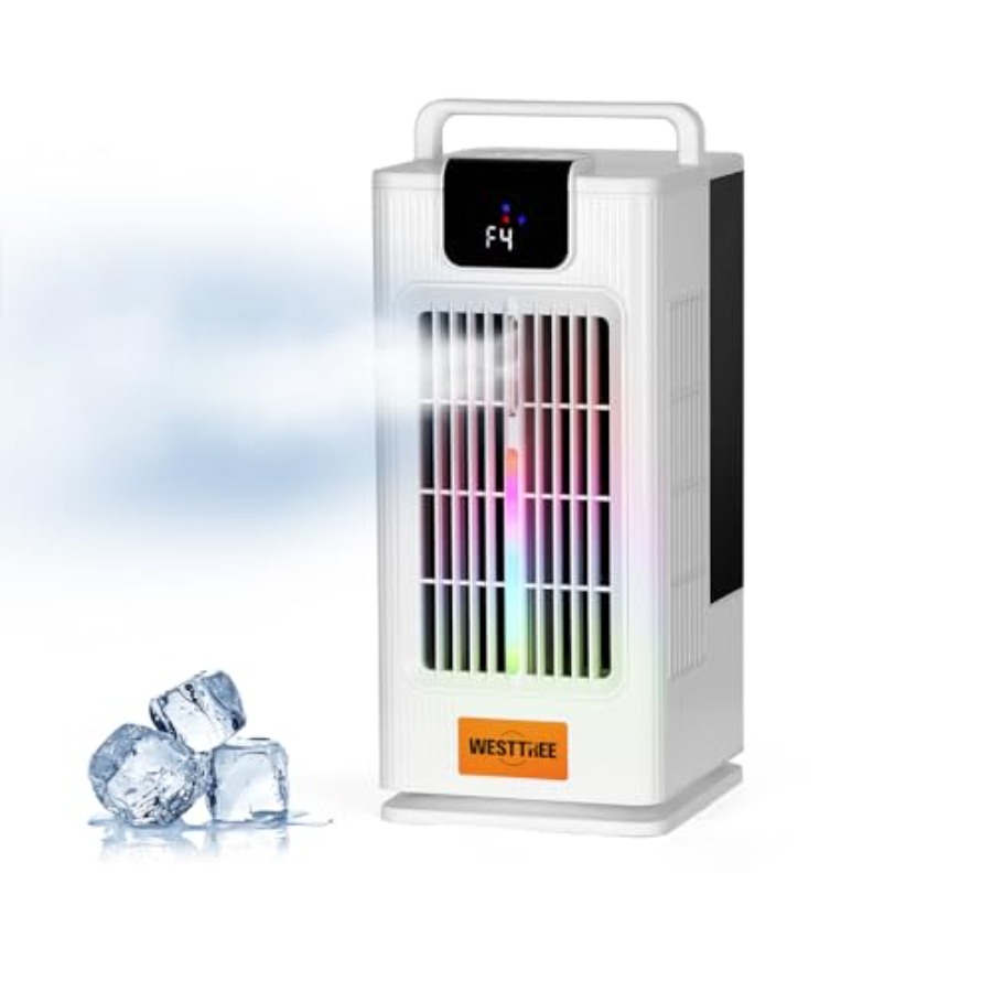寝室用ポータブルエアコン、ABS プラスチックボディ、ホワイト、7 RGB カラーナイトライト、120 ° の 14 インチミストファン