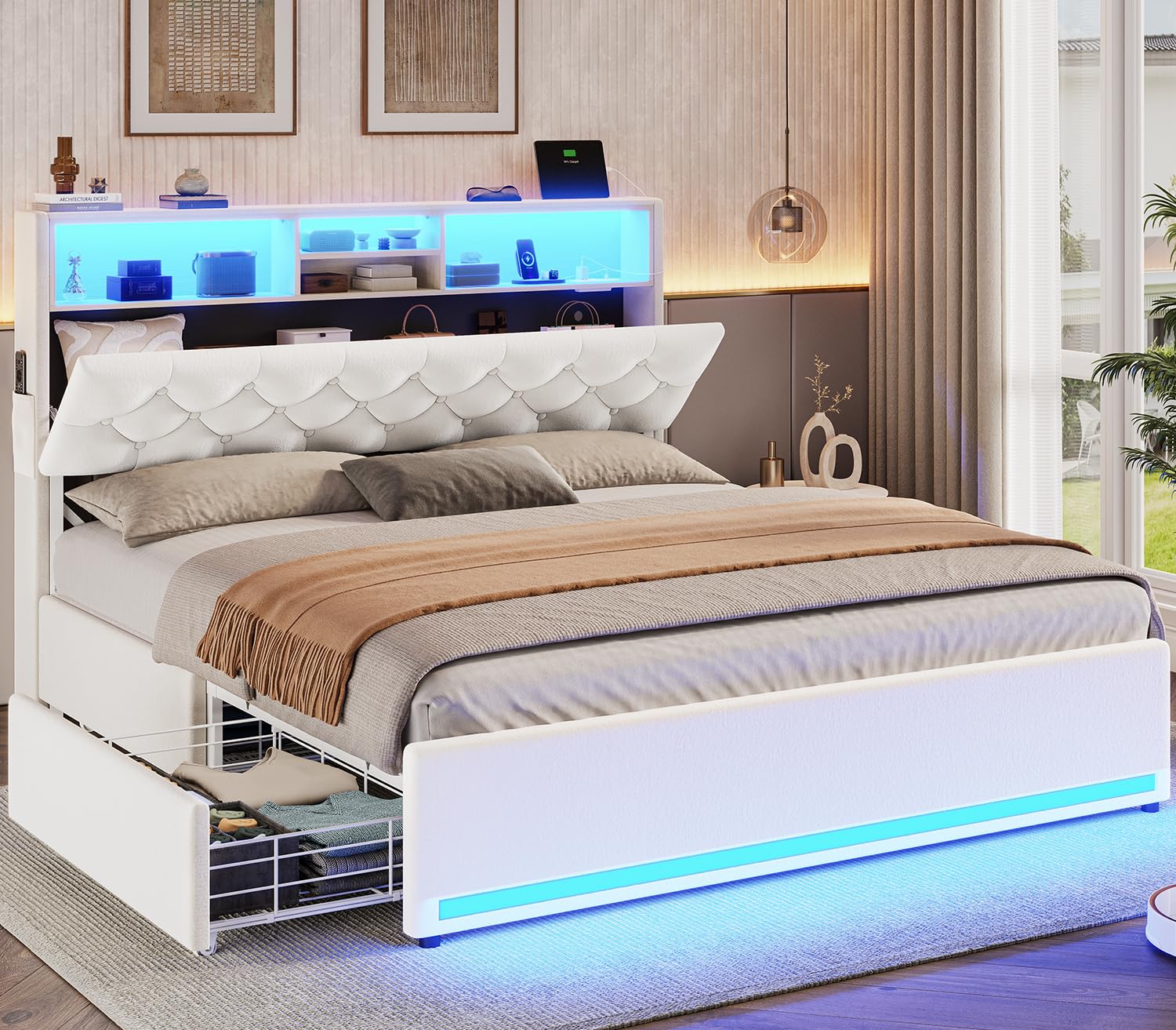 フル布張りのプラットフォームベッド LED ヘッドボード 4 つの引き出し USB 充電金属スラット ボックスなしスプリング、カスタマイズ