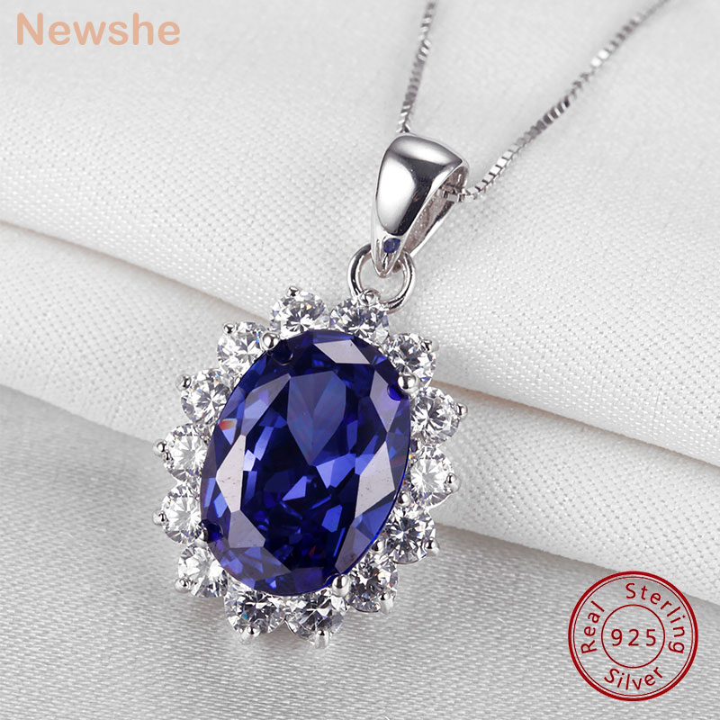 Newshe 6.4 カラット オーバルシェイプ ブルー AAAAA ジルコン ペンダント ソリッド 925 スターリングシルバー 18 インチ チェーン ネックレス 女性用