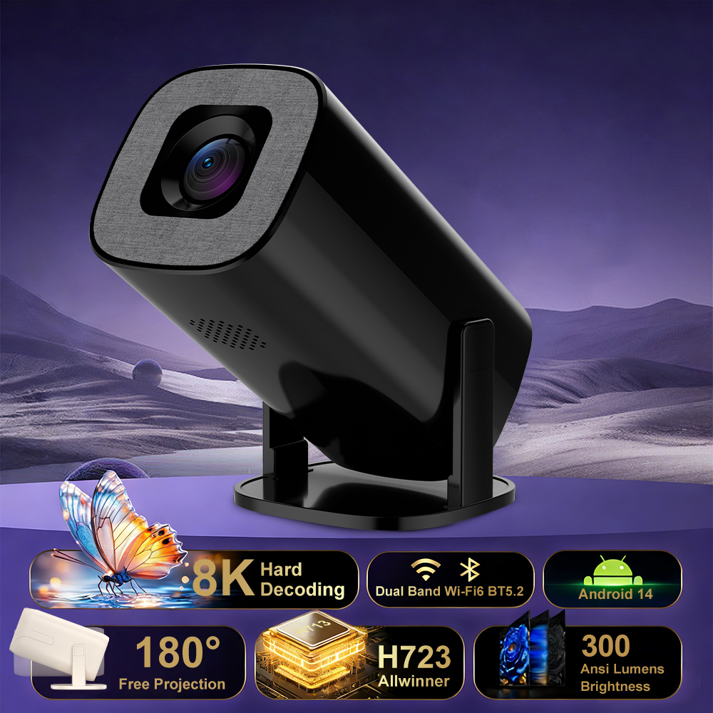 ポータブルプロジェクター 300AMSI ネイティブ 720P HD 8K ビデオデコード WiFi6 BT5.2 Android 14 ベッドルーム屋外映画ホームプロジェクター