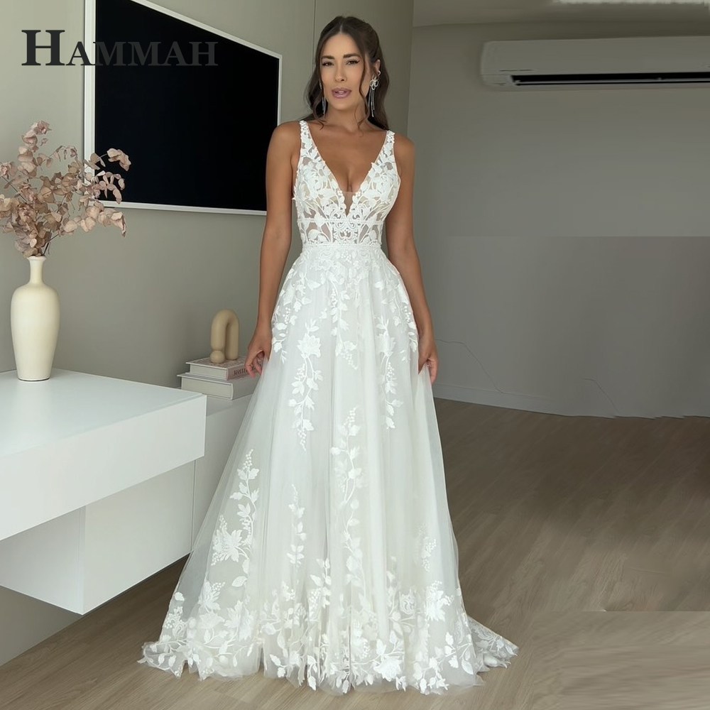ハマクラシックノースリーブウェディングドレス花嫁のための V ネックレースアップリケ A ラインチャペルトレイン Vestido デ Casamento カスタマイズ