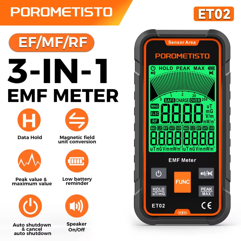 ET02 3-in-1 電磁放射テスター ハンドヘルドポータブル EMF メーター - デジタル RF 検出器、電気