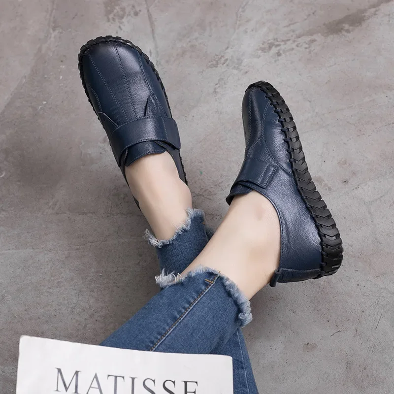 Genuine Leather Shoes For Woman Autumn Flats Female Hook Loop Orthopedic Shoes Big Size 42 Women's Loafers Ladies Blue Moccasins