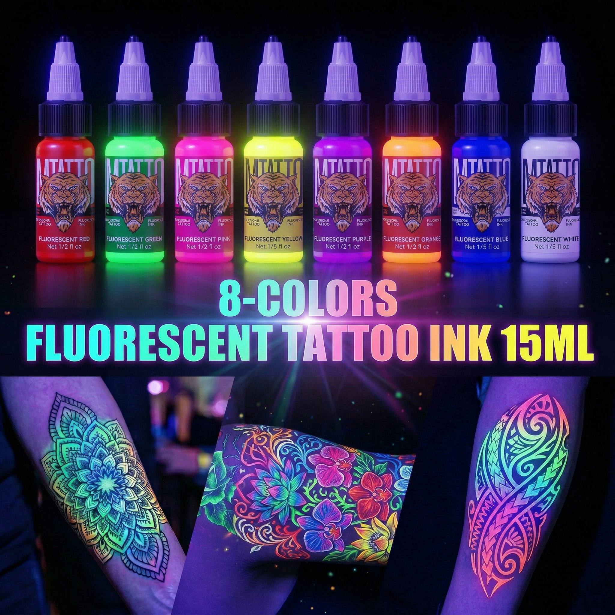 DM 蛍光タトゥーインクキット 8 色 15 ミリリットルタトゥーインクセットプロフェッショナルタトゥー顔料永久タトゥーインク Uv インクボディアート用