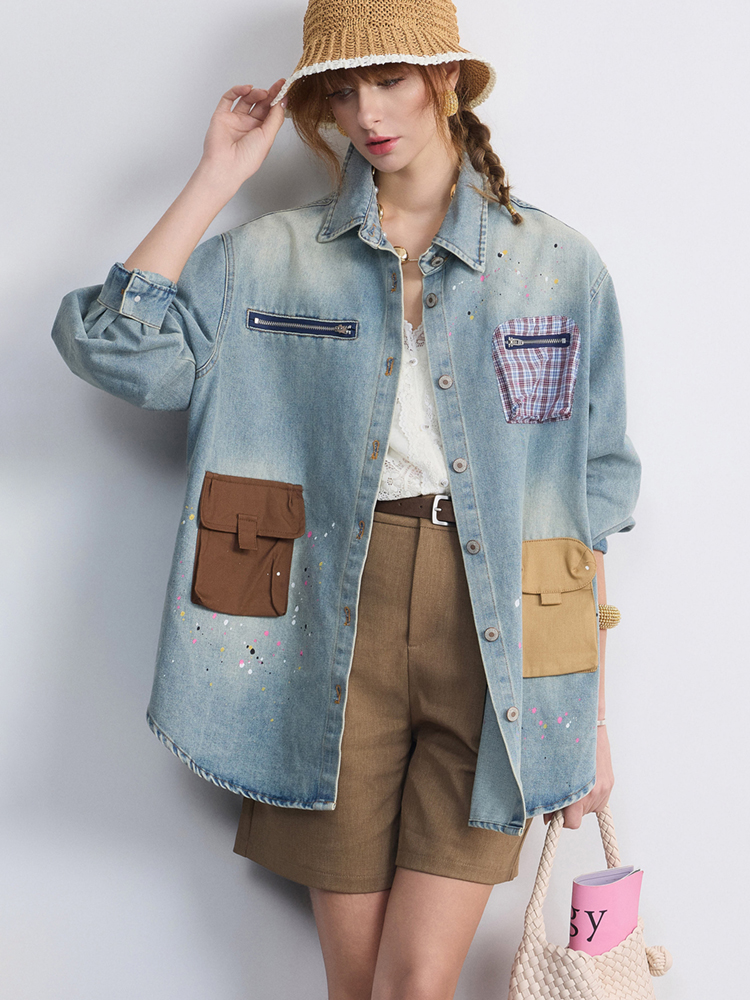 女性特大デニムパッチワークシャツ延縄カーゴブラウスペイントスプラッターヴィンテージ作業服ボタンアップカジュアルトップ