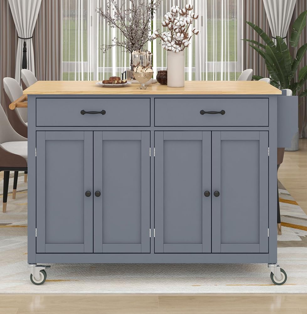#Rolling Kitchen Island Cart with Storage, 54" Wide, 4 Door Cabinet & 2 Drawers, Grey Blue, Customized