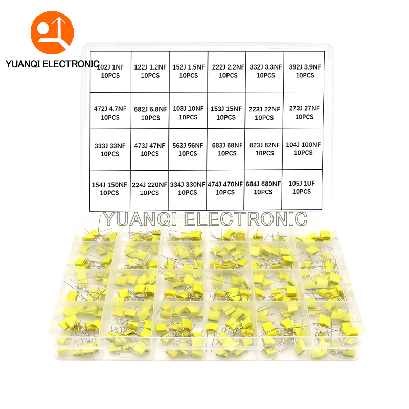 240 個の補正コンデンサー詰め合わせキット 24 値 x 10 個 100V 102J-105J ポリプロピレン安全プラスチックフィルムコンデンサーセット