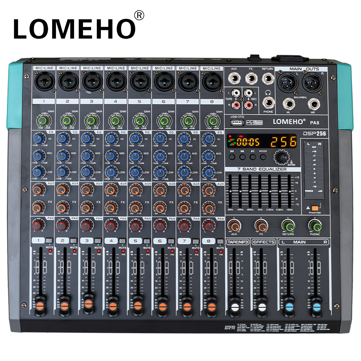 Lomeho 8 モノラルチャンネルサウンドミキサー 256 DSP エフェクト Bluetooth ミキシングコンソール 7 バンド EQ 48V 8 ウェイ USB Aux オーディオテーブルショー PA8 用