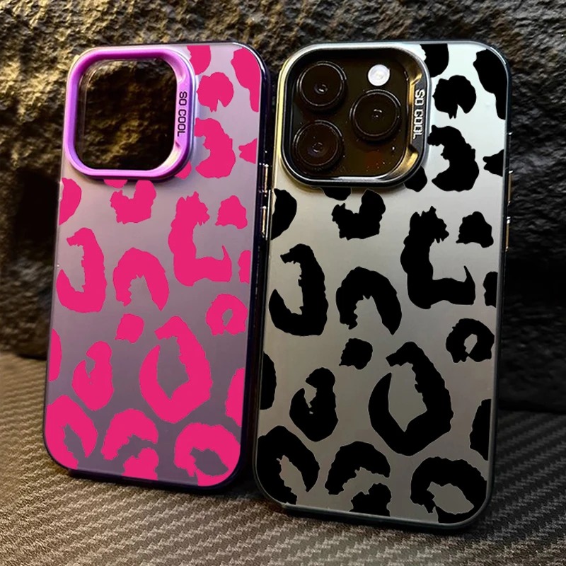 ヒョウ柄電気メッキシルバー IMD 電話ケース iPhone 16 15 14 13 12 11 プロマックス 15 プラスマット耐衝撃バックカバー