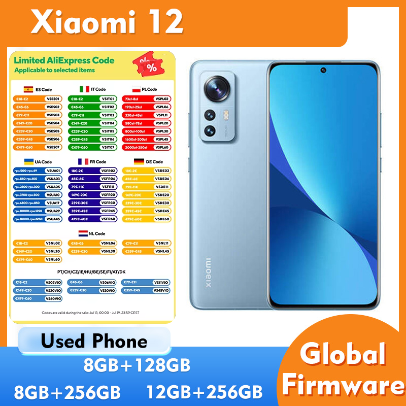 Xiaomi 12 5G 128GB 256GB ROM 6.28インチ 419ppi 1100nits 4500mAh 充電 67W Android 中古電話